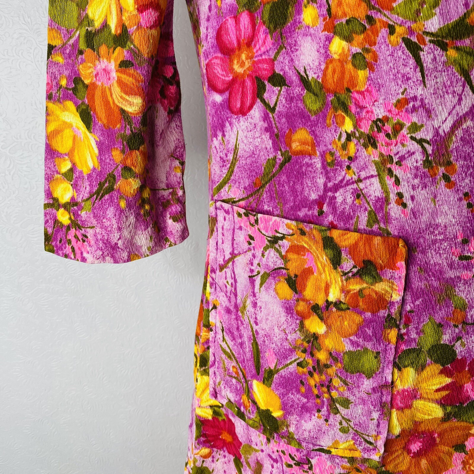Vtg 60s 70s Midi Dress sz S Purple Floral 3/4 Sleeves Pockets Handmade Unbranded