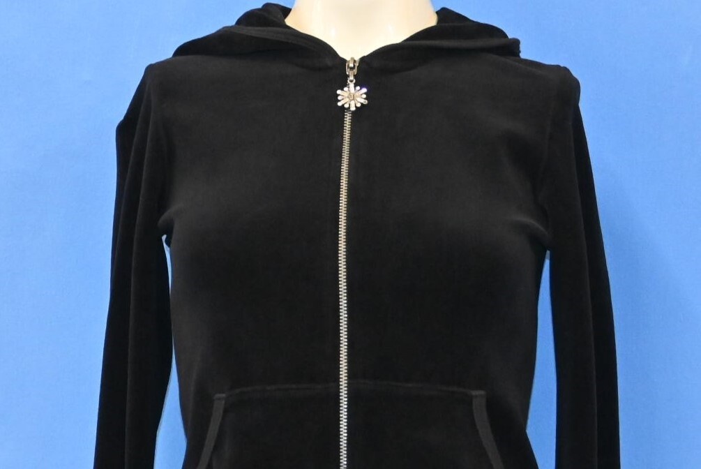 vtg Y2K JUICY COUTURE BLACK VELOUR VELVET HOODED ZIPPER TRACK JACKET WOMEN&rsquo;S XS
