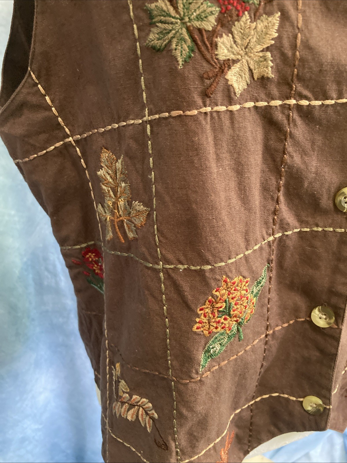 Vtg 90s Casey & Max Embroidered Vest Floral Brown Linen Cotton Cottagecore Fall