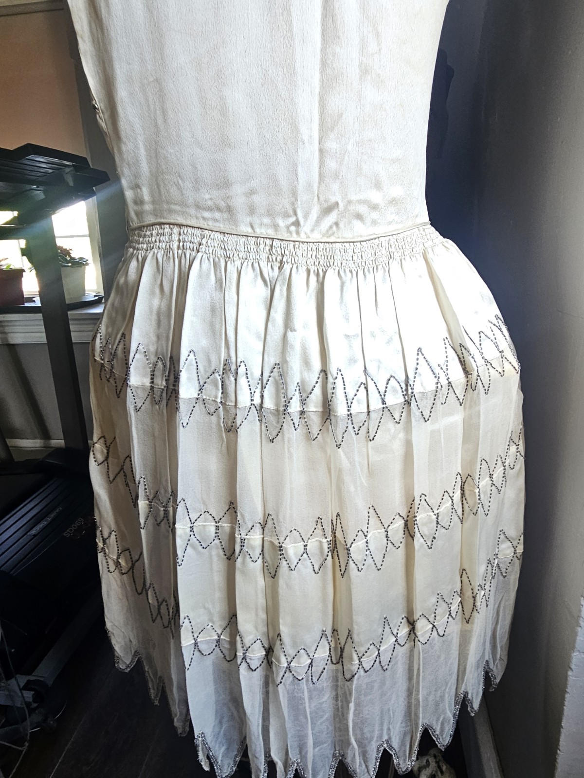 1920s Ivory Satin & Sheer Flapper Party Dress Metallic Beaded sleeveless