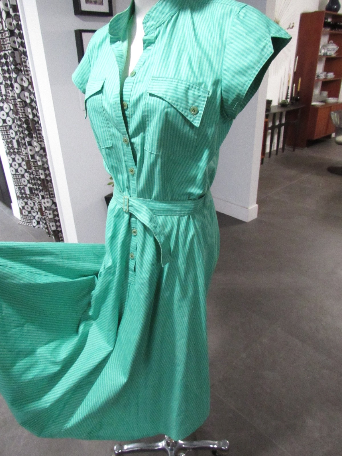 RARE vtg 70s 80&rsquo;s Foxy Lady Mod Fit Flare Green Stripe Summer Dress M L midi