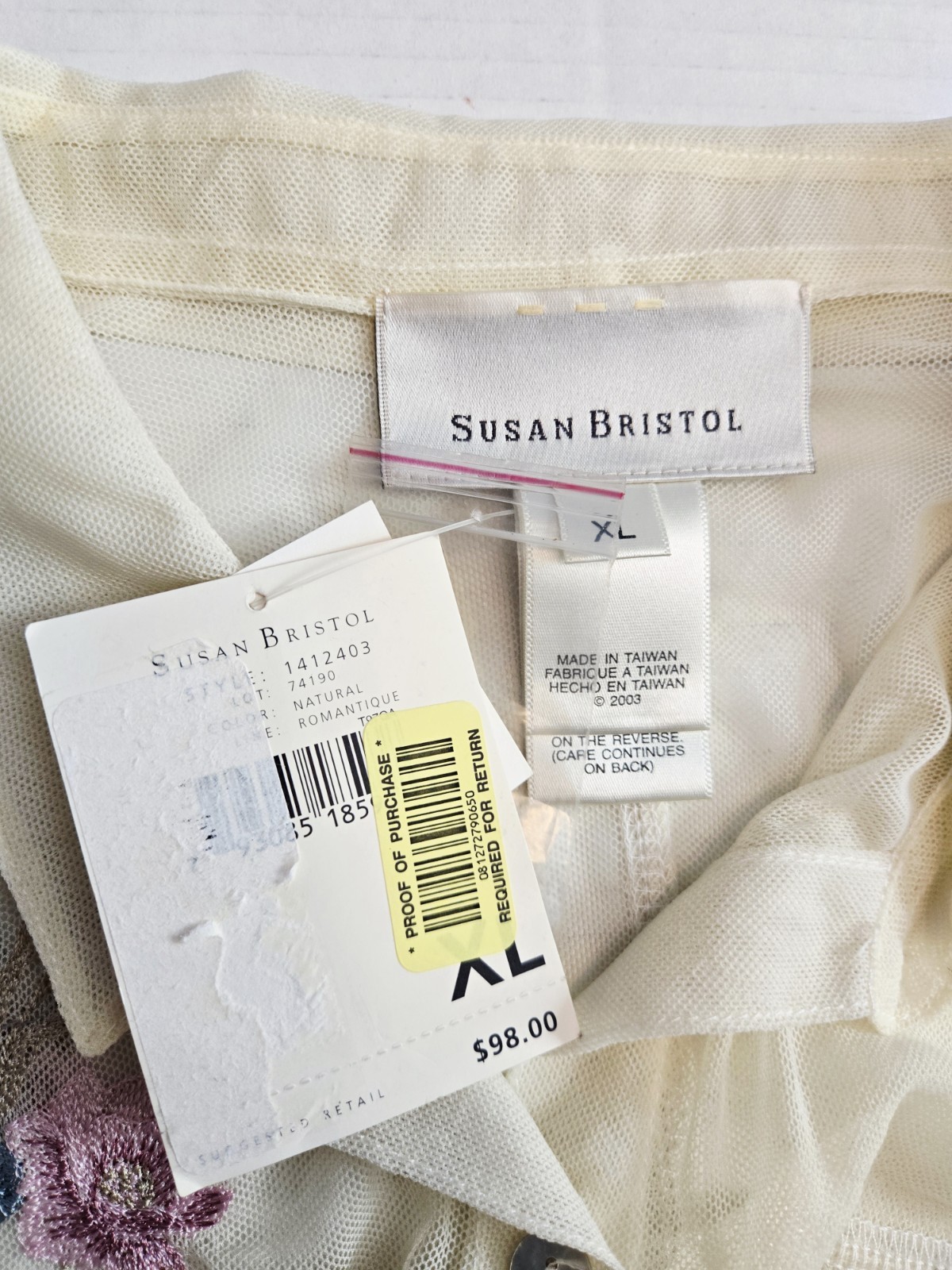 NWT Vintage Susan Bristol Natural Mesh Blouse Emroidered Floral Size XL NICE