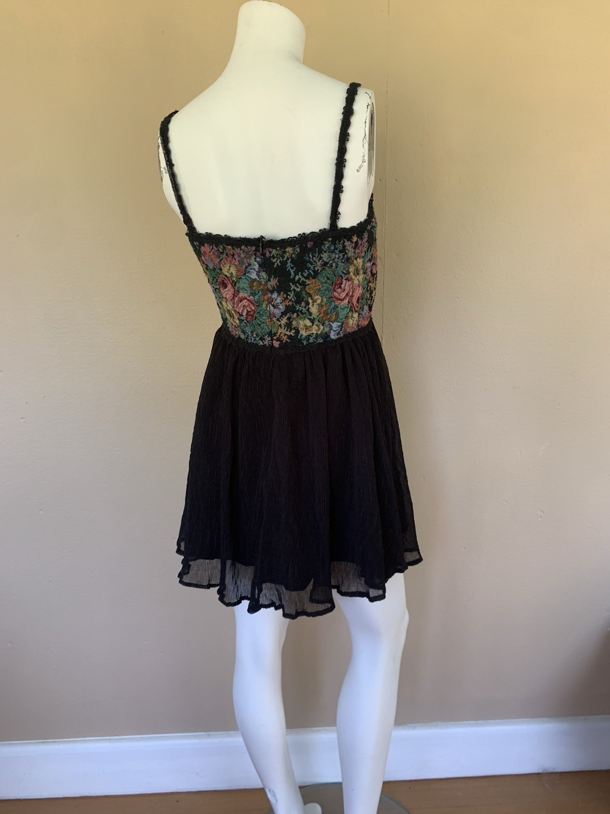 Vintage 90s Corset Tapestry Bust Mini Dress | Y2K Spaghetti Strap Babydoll Dress