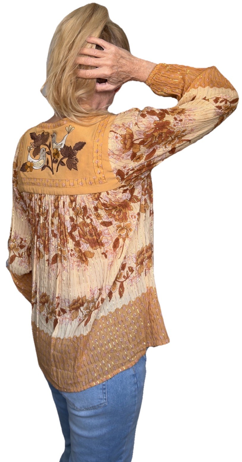 ✨Spell Coco Lei Blouse Top Size M Brown Ivory Floral Metallic Thread Boho