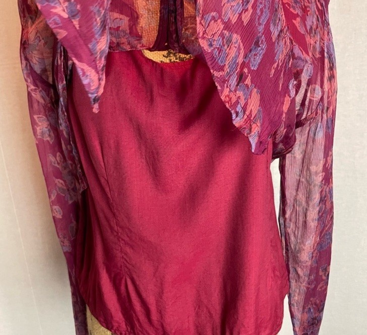 Vintage April Cornell Two Piece Blouse With Lining Maroon Floral Ruffle Sz S