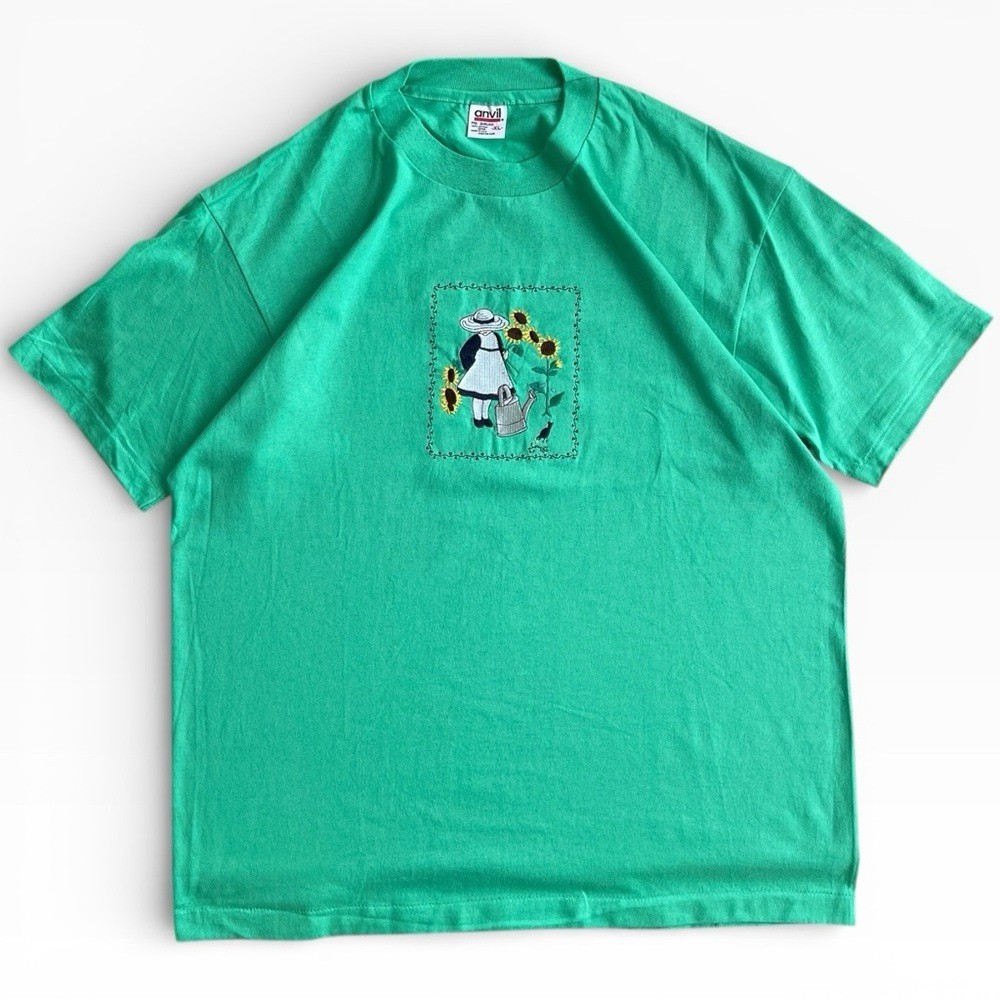 Vintage Anvil Green Cotton Embroidered Sunflowers & Girl Tee T-Shirt XL