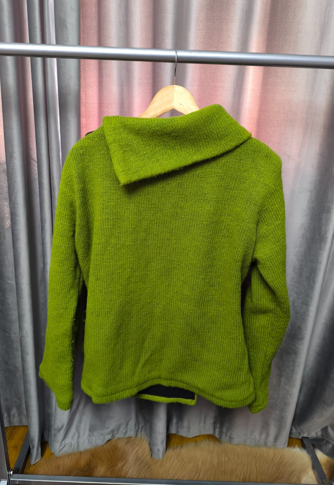 Vintage 100% Wool Green Cardigan Jacket Handmade Nepal Boho Lined L