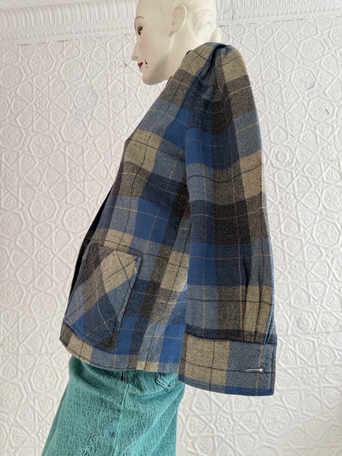 True Vintage 1950s/1940s era pendleton style 49er jacket blue grey plaid S/M