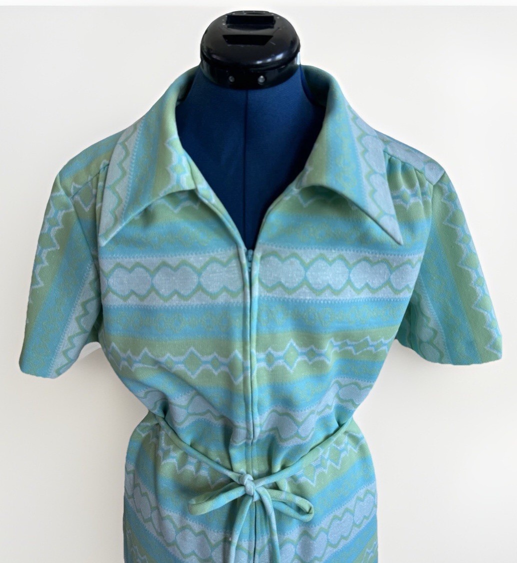 Vintage 70s Mod Shirt Dress Blue Green Stripe Belt Zip Knit Retro Diner Granny
