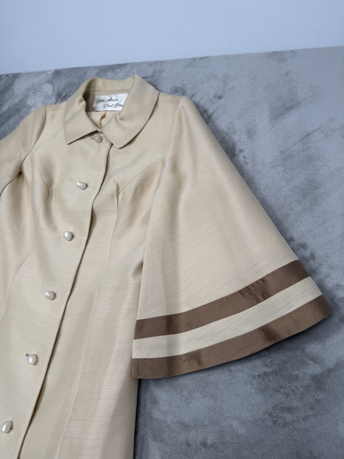Vintage 50s Lilli Ann Dress Coat Womens Medium Princess Bell Sleeves Linen Pearl