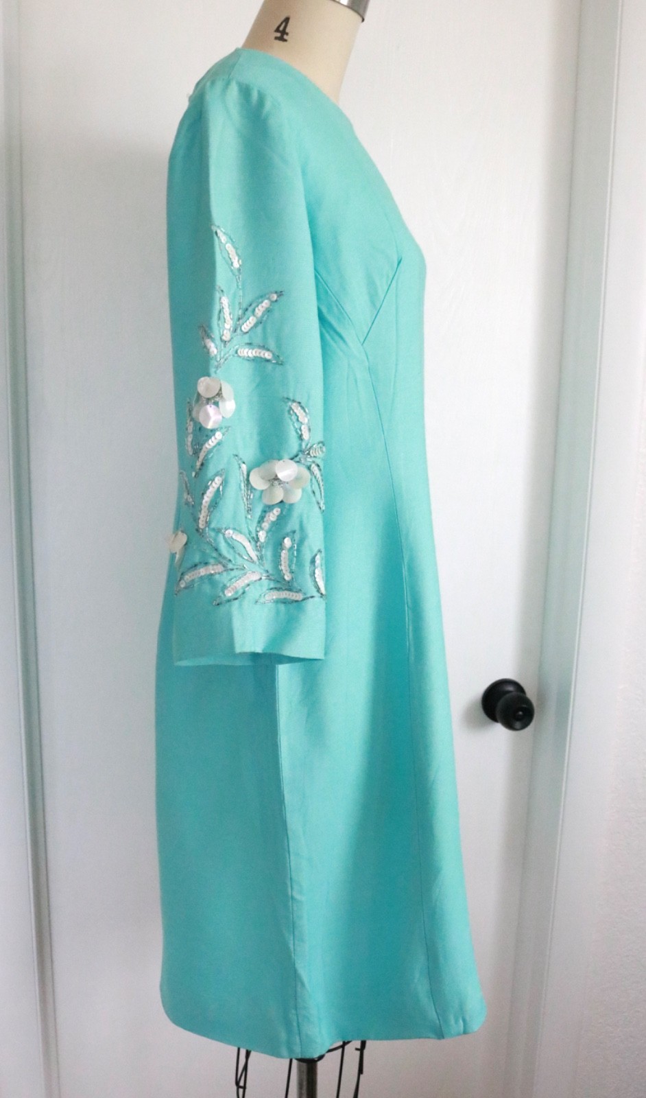 Vintage 50s 60s Turquoise Rhinestone Beaded Sequin Dress Size M Mid Century