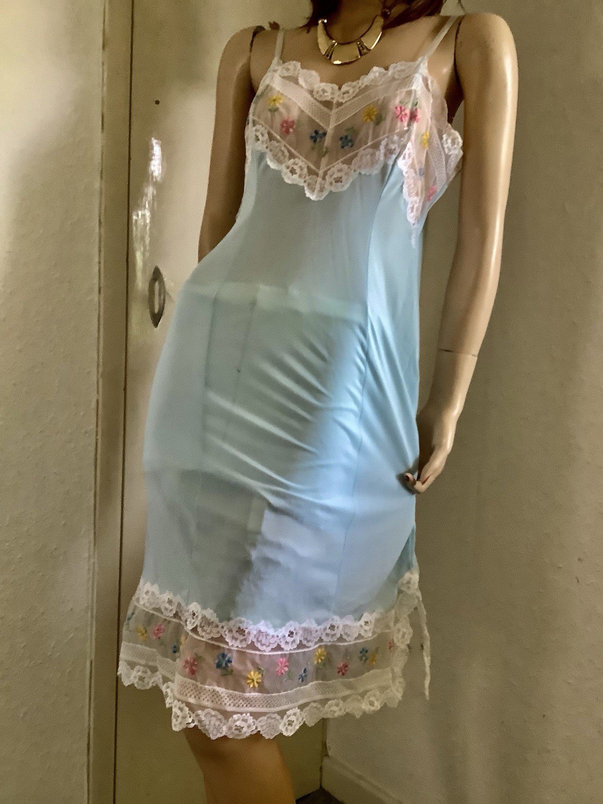Vtg Mint Sheer Perlon Nylon Deep MultColoured Lace Full Slip Petticoat 14 (EU 42