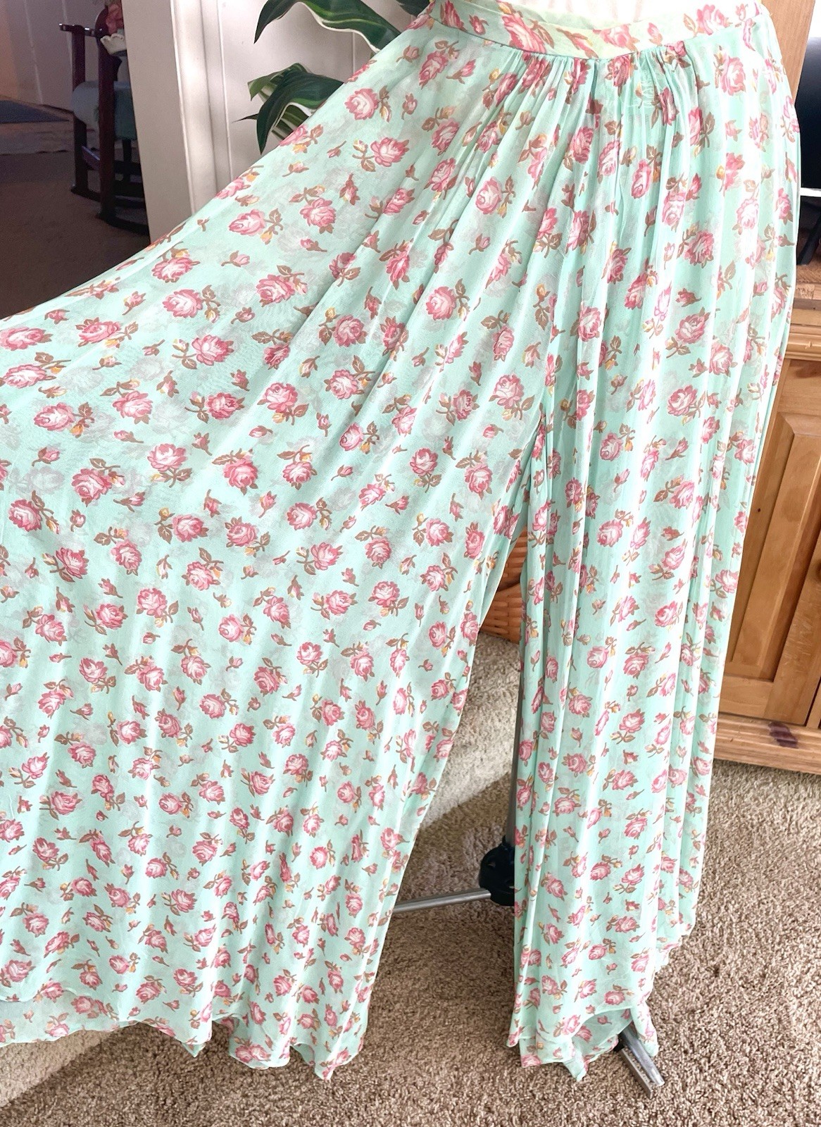 Vtg 70’s ALLEY CAT by BETSEY JOHNSON Chiffon Palazzo Pants Pink Roses Sz 7/8