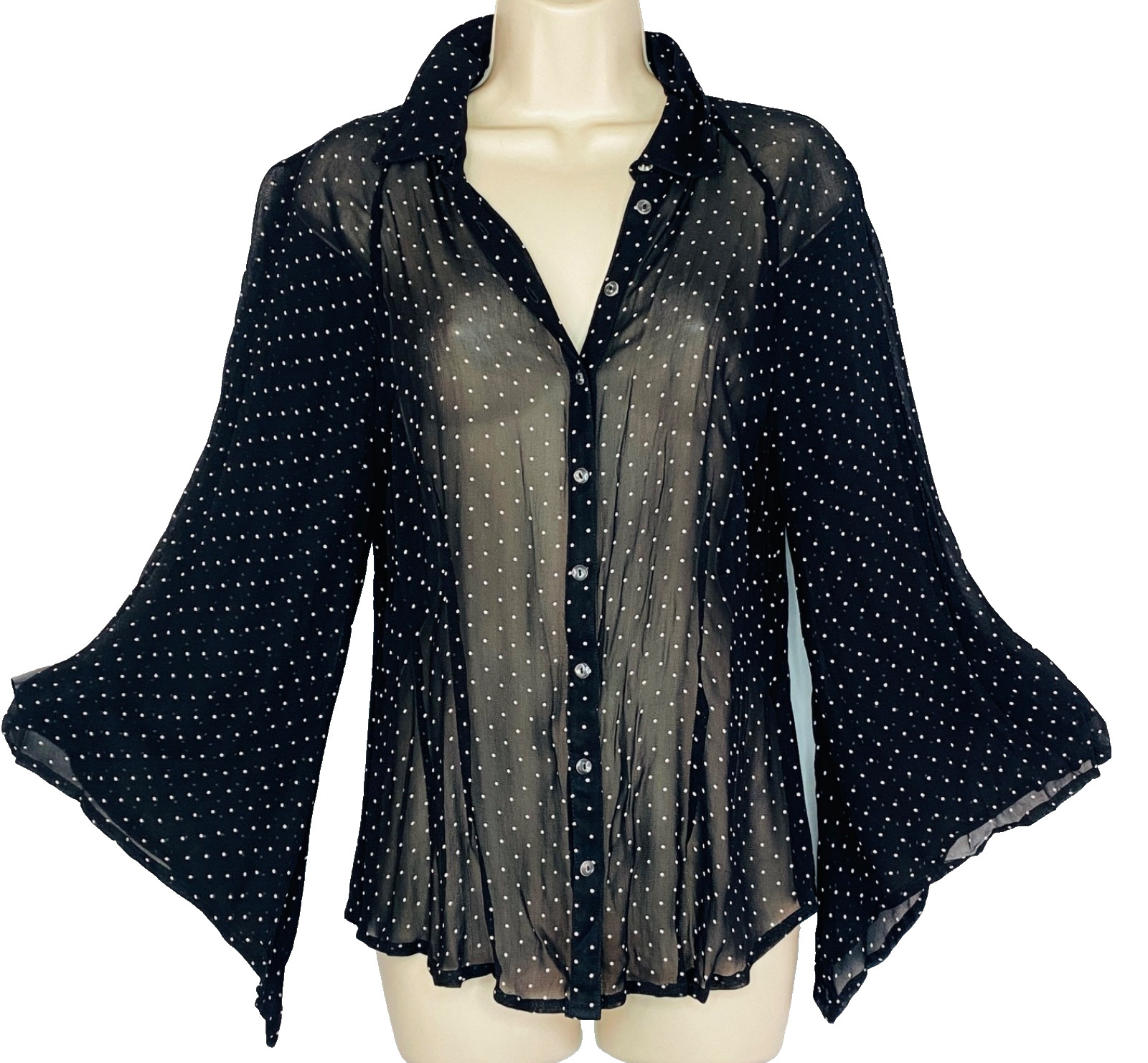 Vintage 1990s NEWPORT NEWS black blouse sheer bell sleeves rayon white dots top