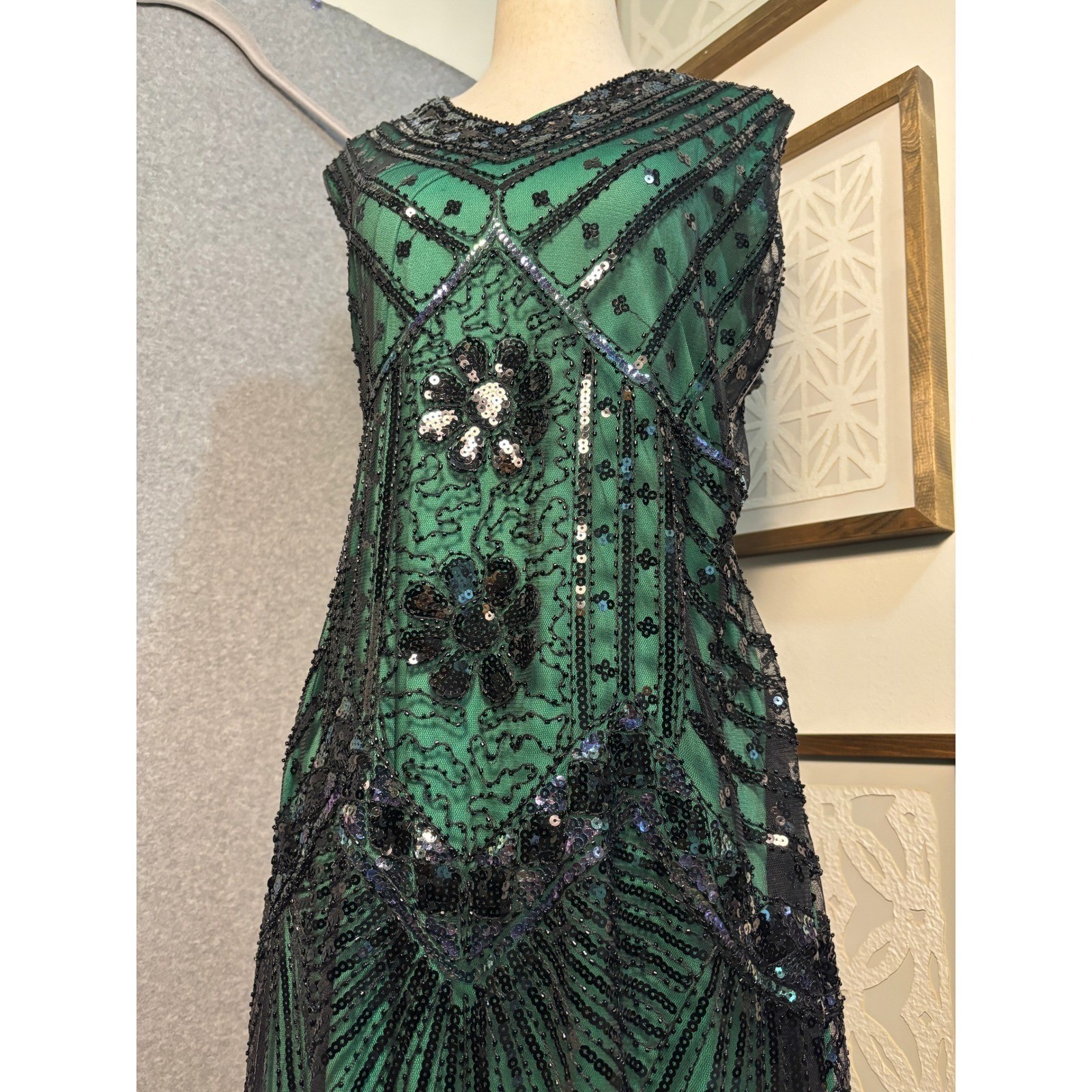 BABEYOND Green Black Sequin Fringe Flapper Dress Gatsby Art Deco 1920s NWT 2XL