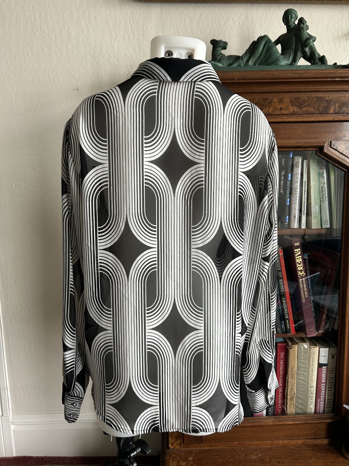 Vintage 1990s Y2k Sheer Black & White Op Art Button Up Blouse Deco Raver Med Lg