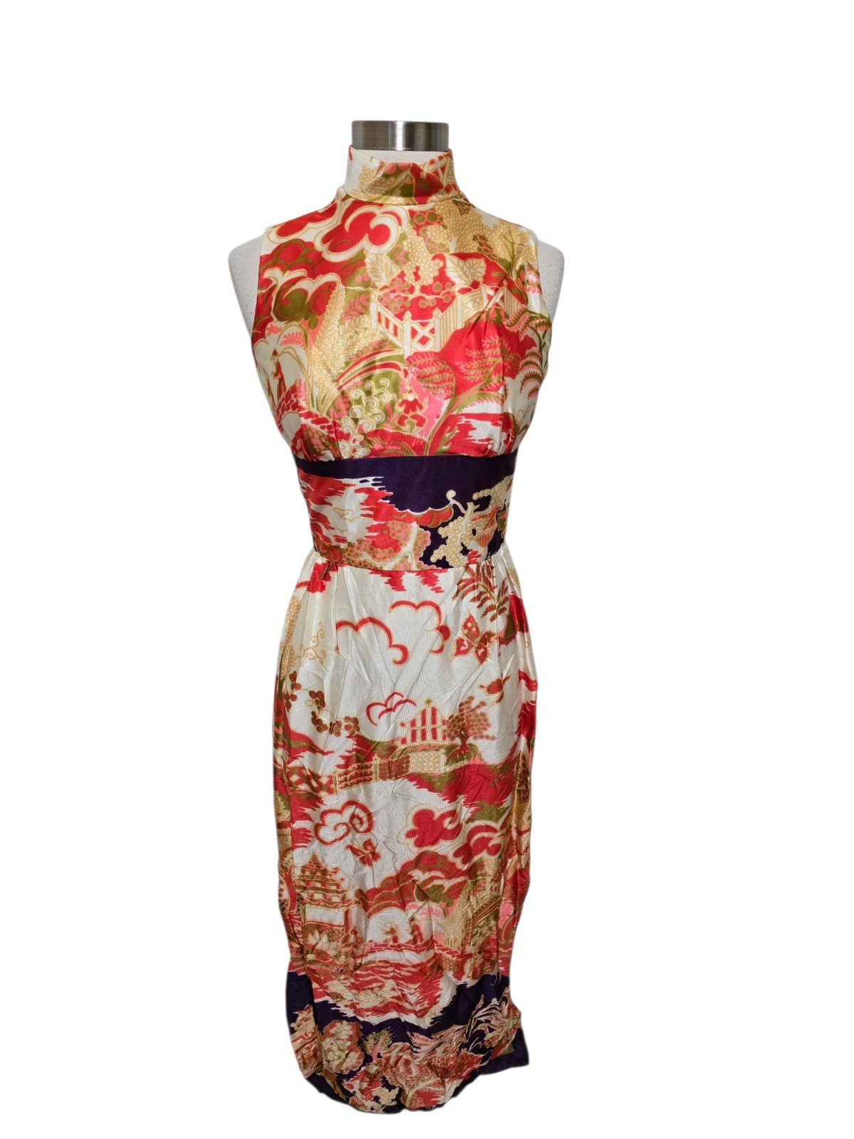 1960s 70s Vintage Womens Chinese Asian Style Dress w/ High Side Slits Cheongsam