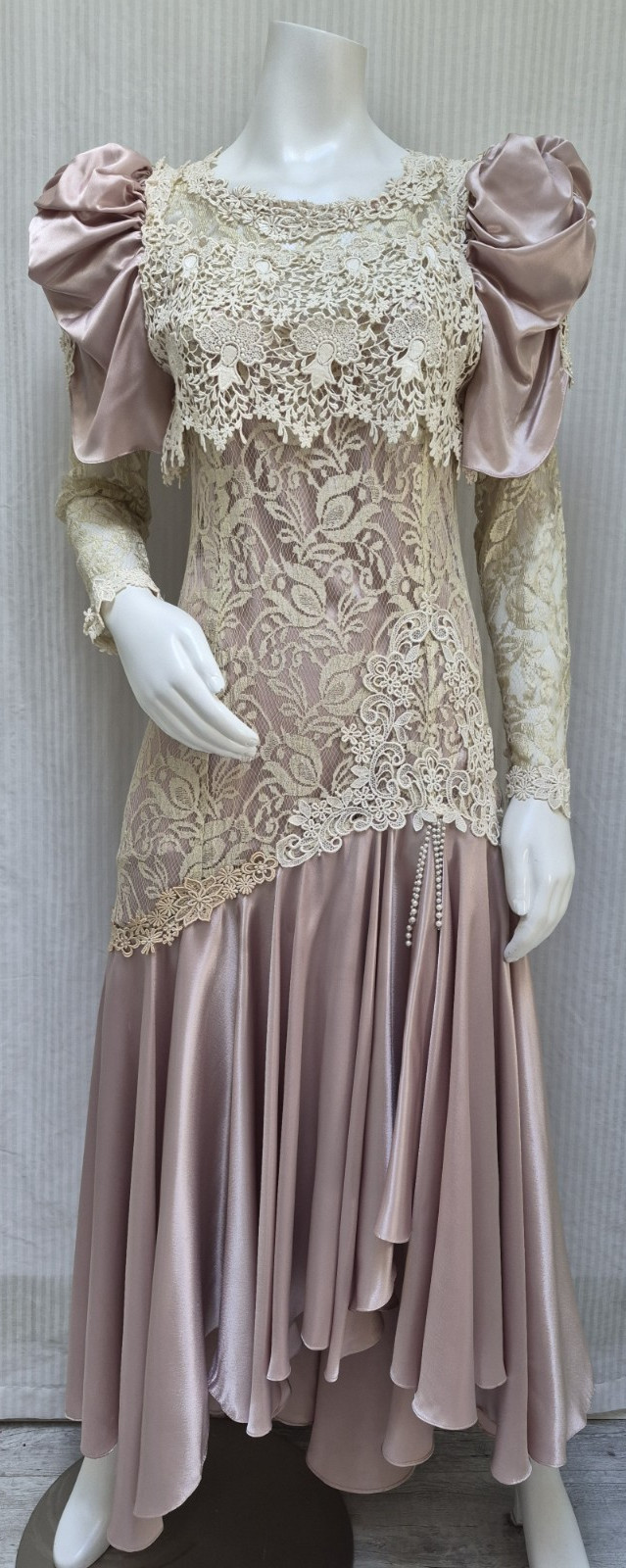 VTG 80s CACHET by Bari Protas Victorian Dusty Rose Satin & Lace Puff Slv Dress