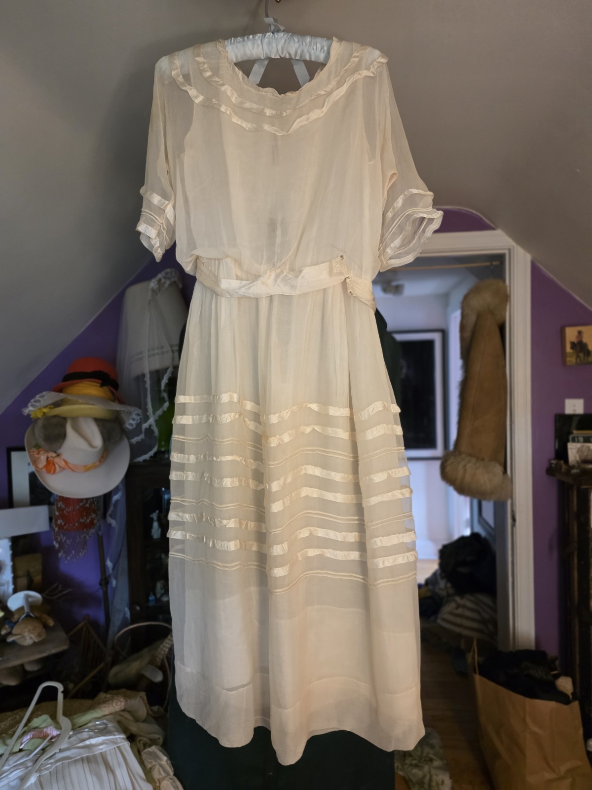 1910s Ivory Silk Chiffon Dress | Edwardian Tea Dress | Sheer Ribbon Trim Antique