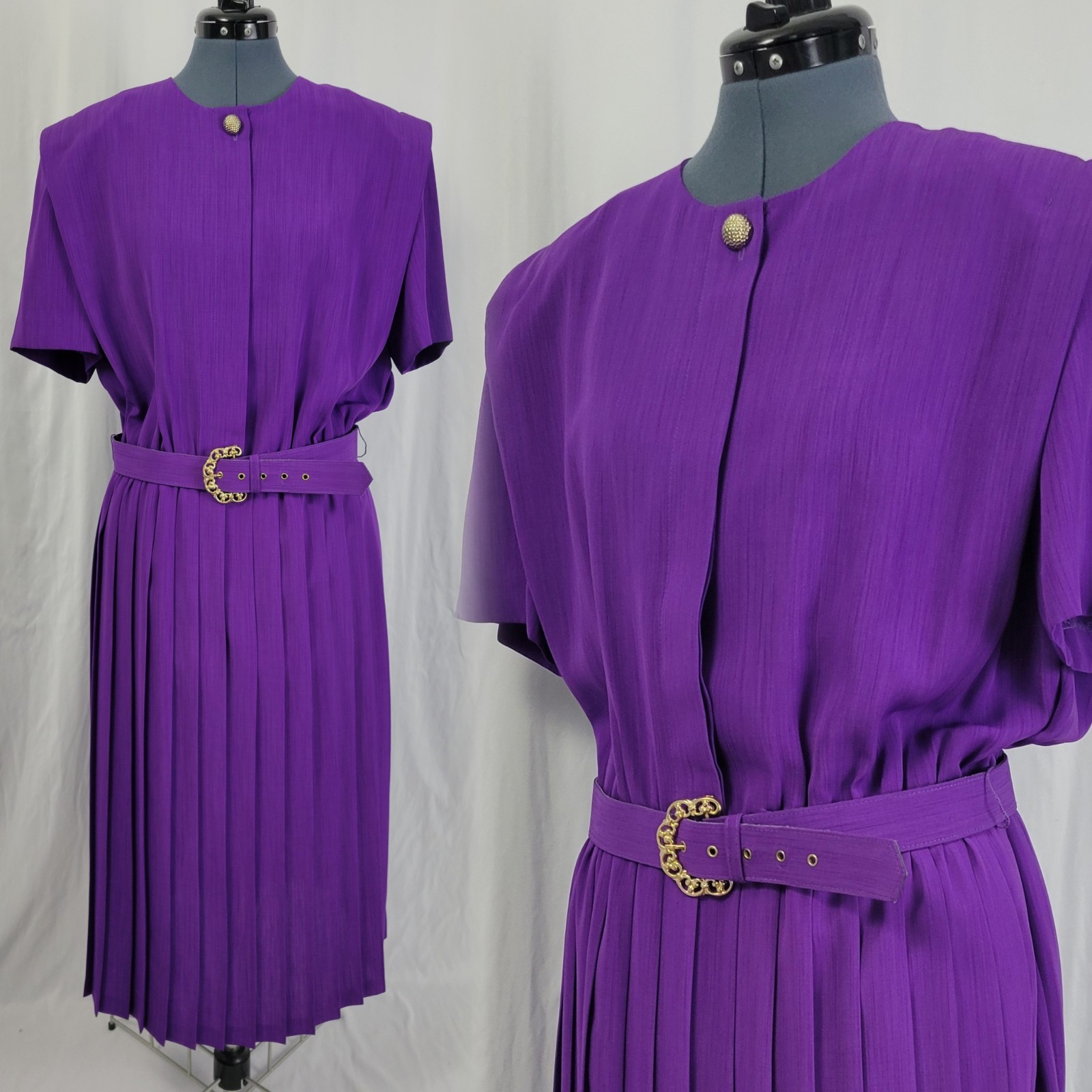 Vintage Leslie Fay Purple Blouson Dress w Pleated Skirt & Matching Belt Size 16
