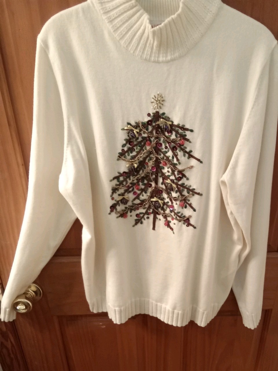 Vtg. Quacker Factory Christmas Sweater. White-Embroidered Christmas Tree Sz. 1X.