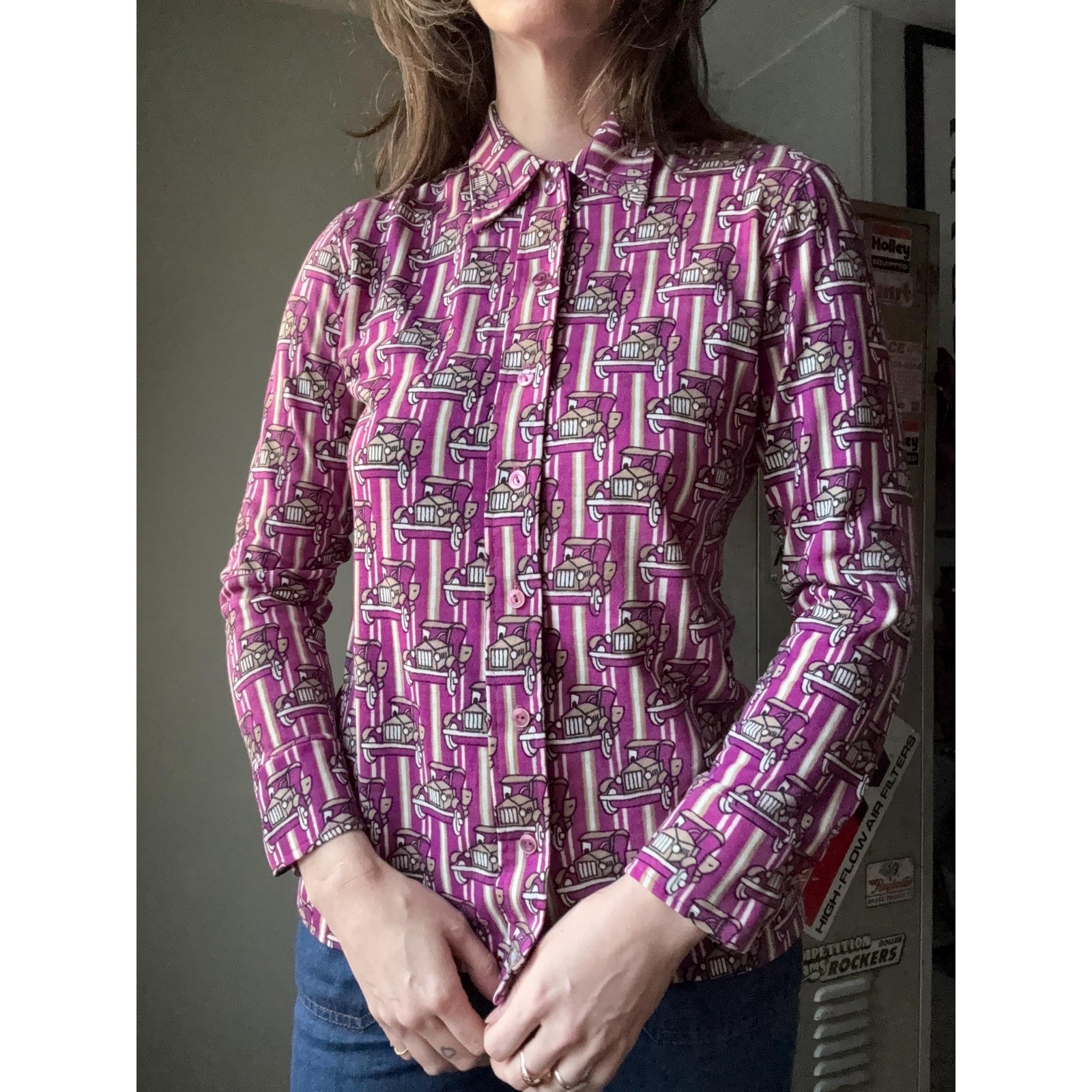 Vintage 70s Novelty Print Button Up Shirt | Antique Car | Magenta | M