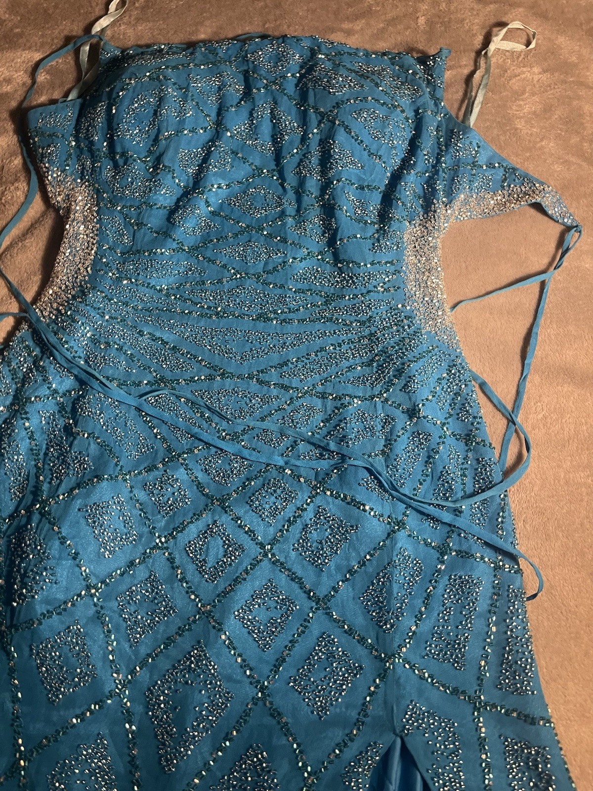👉 Vintage Alyce Blue Beaded Evening Gown Size 6 Lace Up Back Floor Length Dress