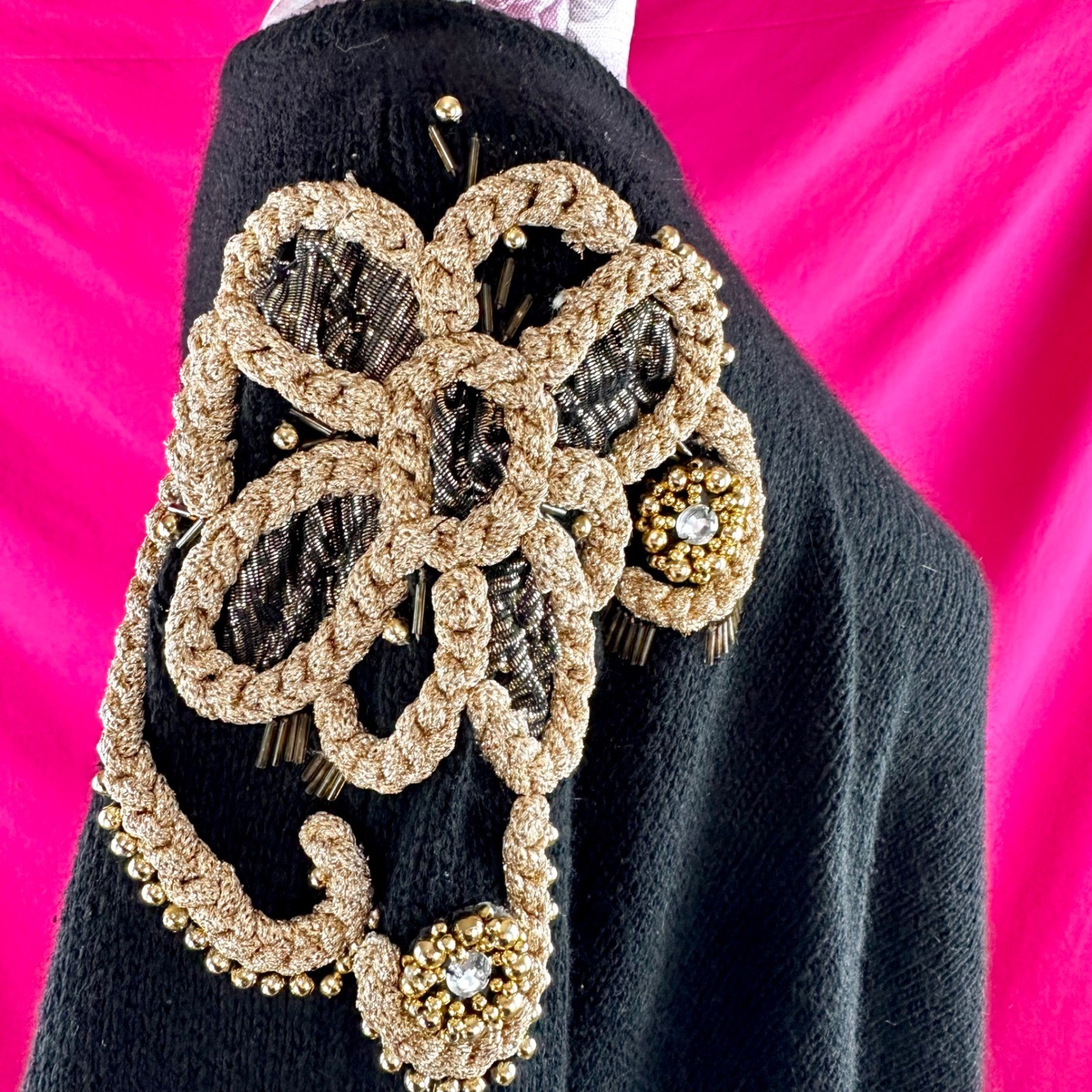 Vintage 80s Beaded Rhinestone Sweater Black Gold Angora Silk Wool NYE Plus 26/28