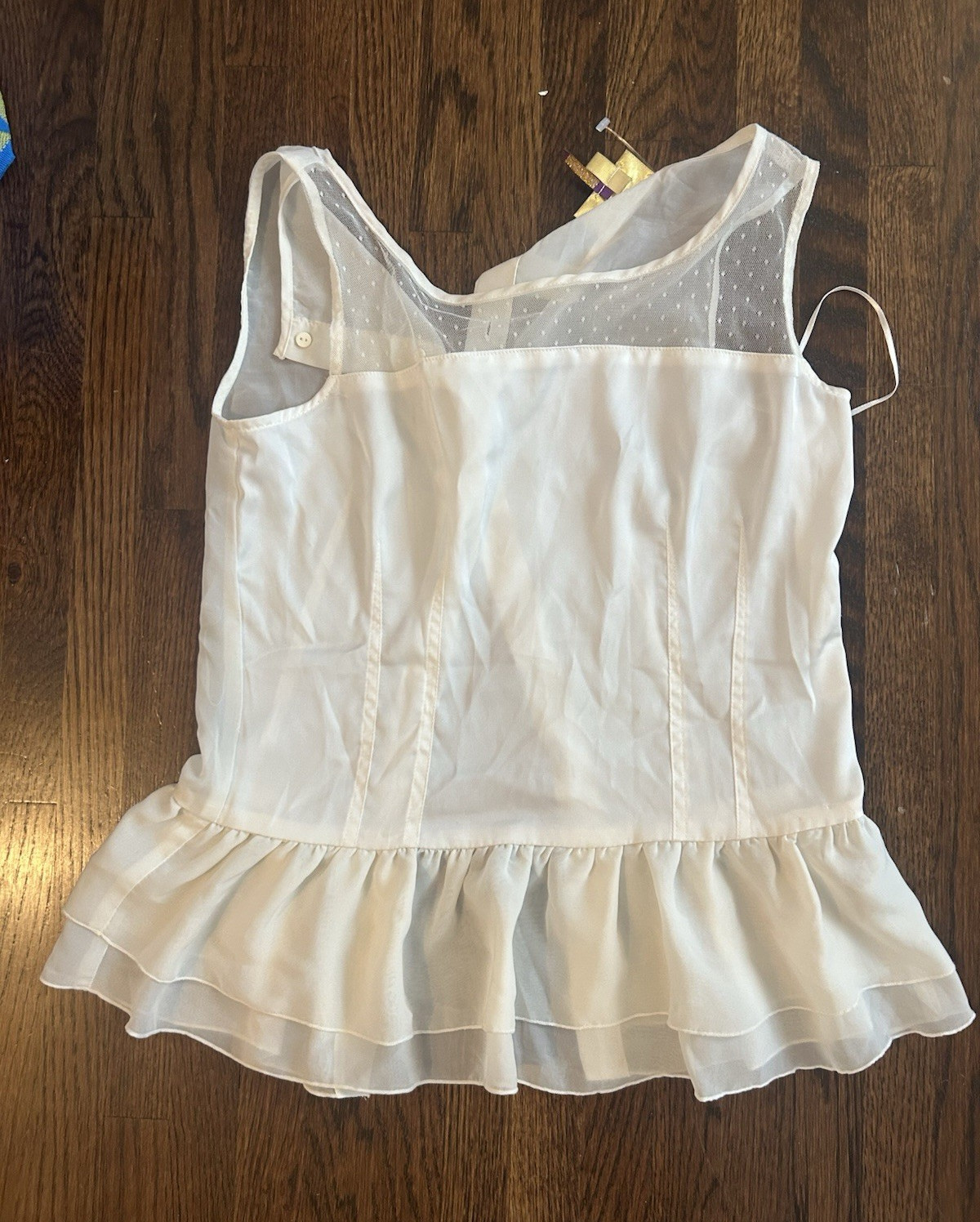 Princess Charmin’ Vintage White Camisole XS Sheer Mesh Yoke Ruffle Hem Buttons