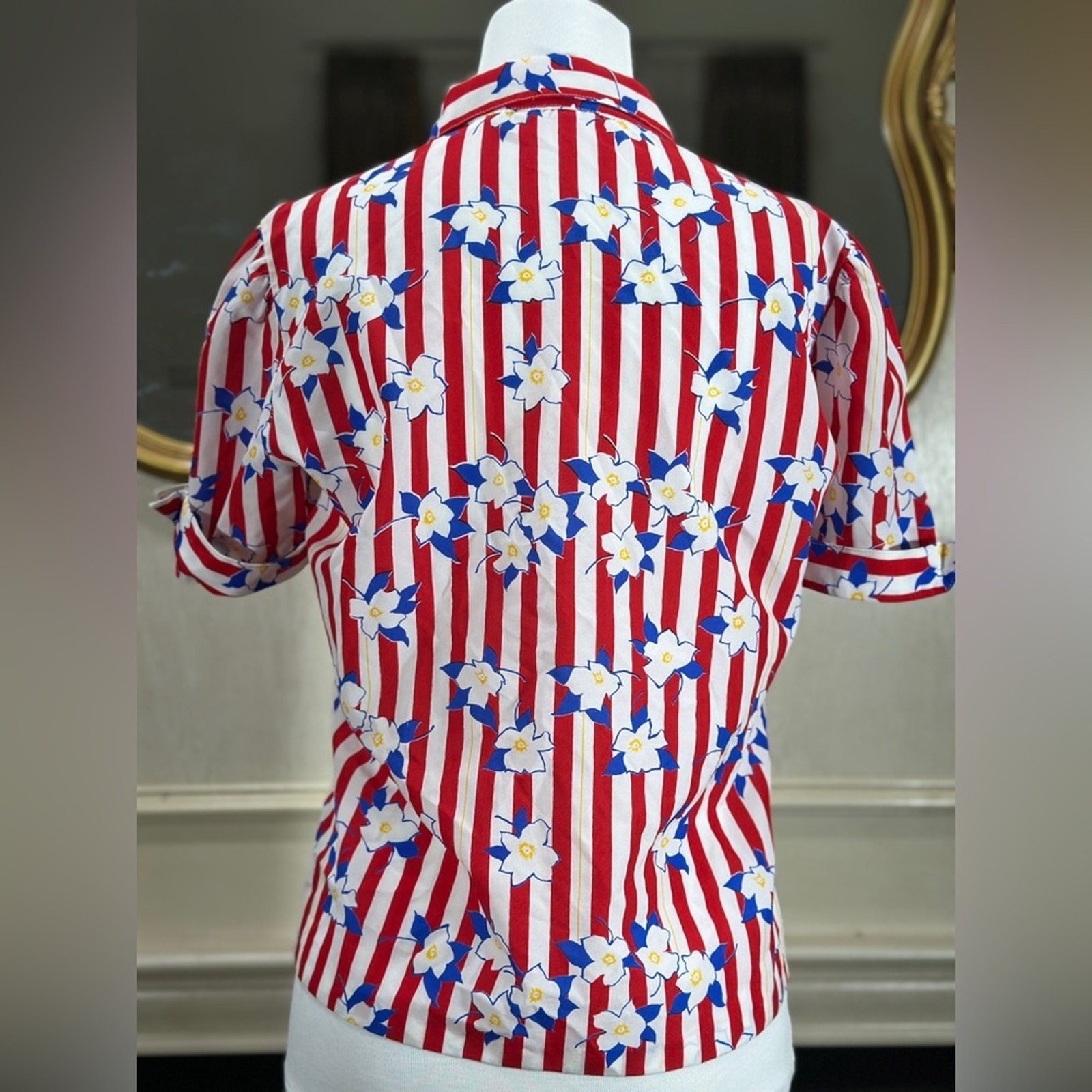 Vintage Silkhana Red White Striped Floral Button-Up Shirt | 80s 90s Blouse M