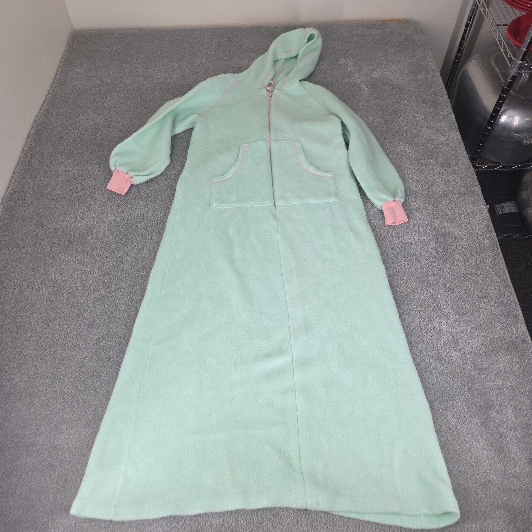 Vtg Medium Zip Pockets Robe/HouseCoat Sears Mint Green Fleece Hooded Pj&rsquo;s Soft