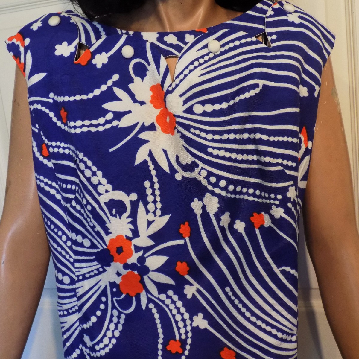 Vintage Red White Blue Cotton Shift Scalloped Neckline B46