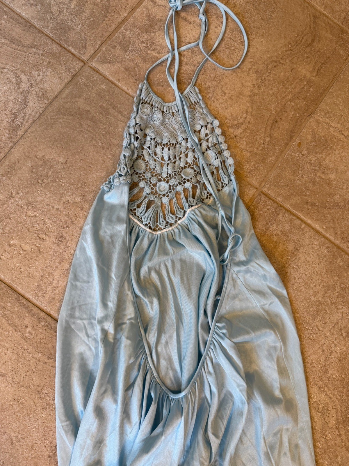 Vintage 70s Sears Crochet Halter Maxi Dress Blue Open Back Boho USA Medium
