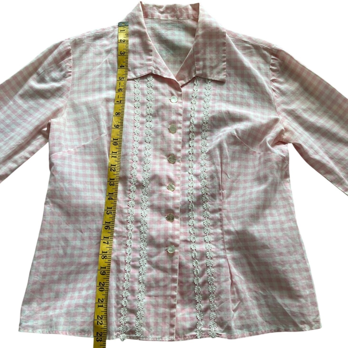 Handmade Vintage 60s Pink Gingham Two Piece Set Floral Lace Cottagecore Sz S
