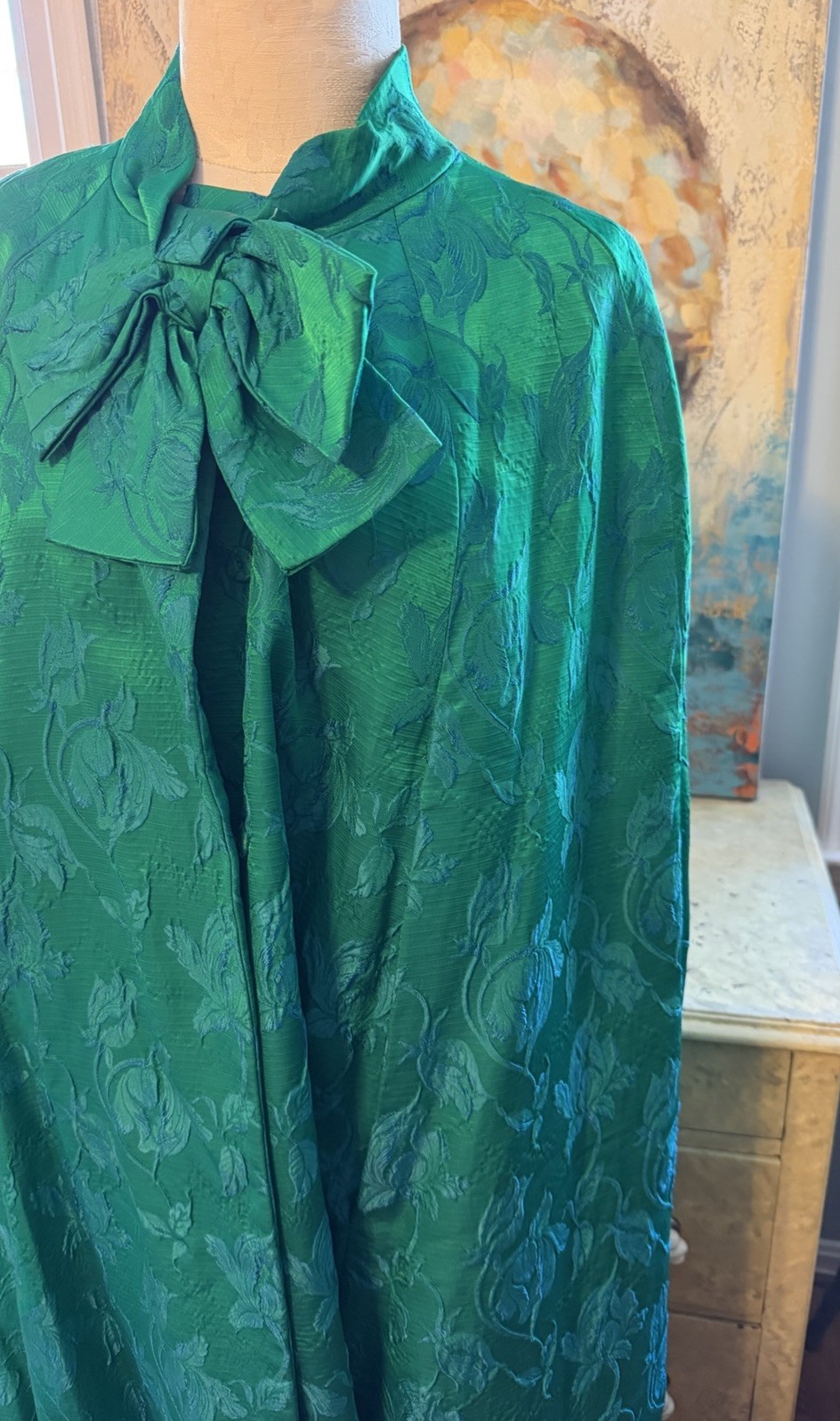 Vintage Custom Tailored Teal Green Blue Jacquard Floral Long Opera Cape-One Size