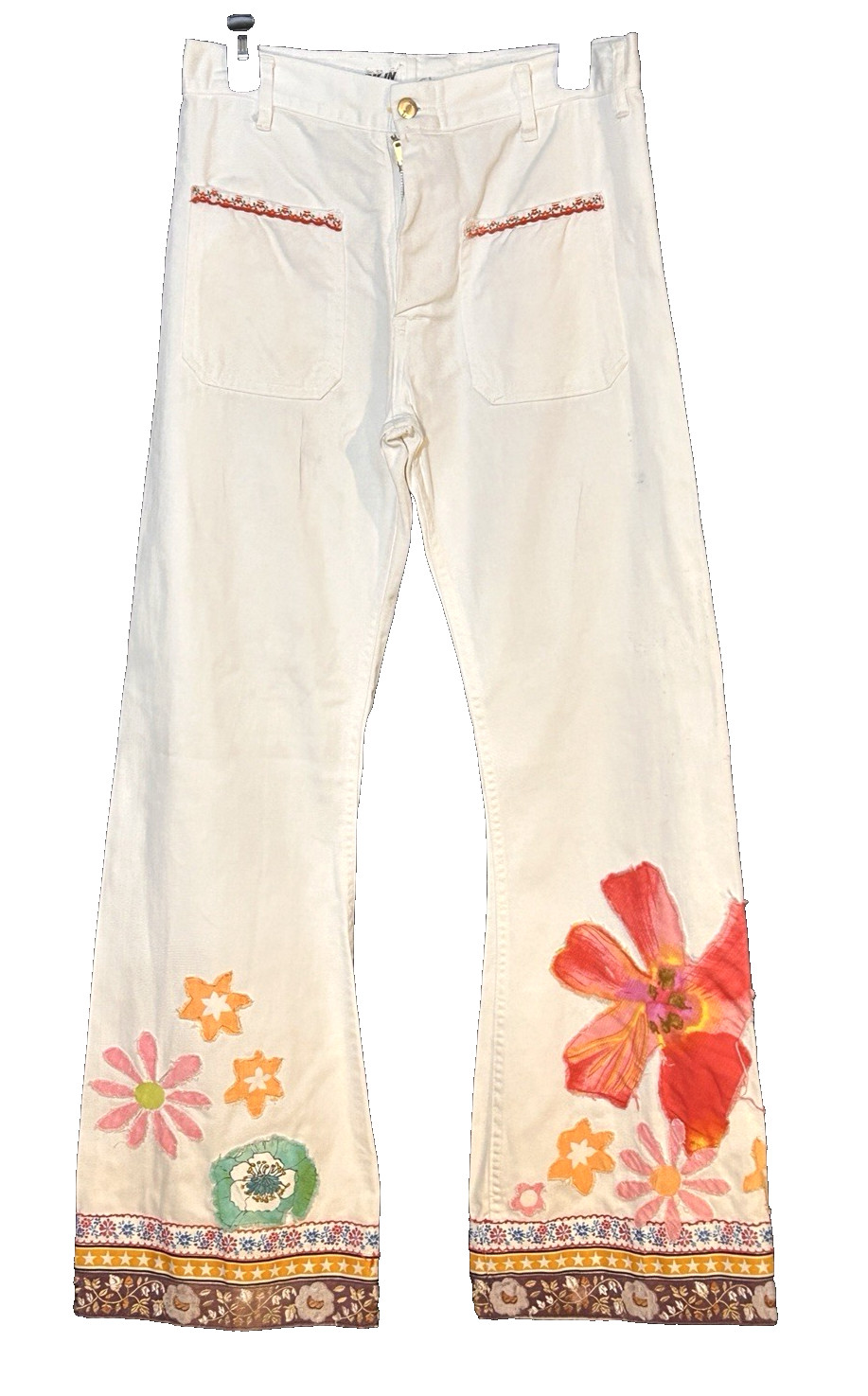 Vintage 70s White Jeans Floral Appliques Wide Bell Bottoms Vintage Trim 31/32
