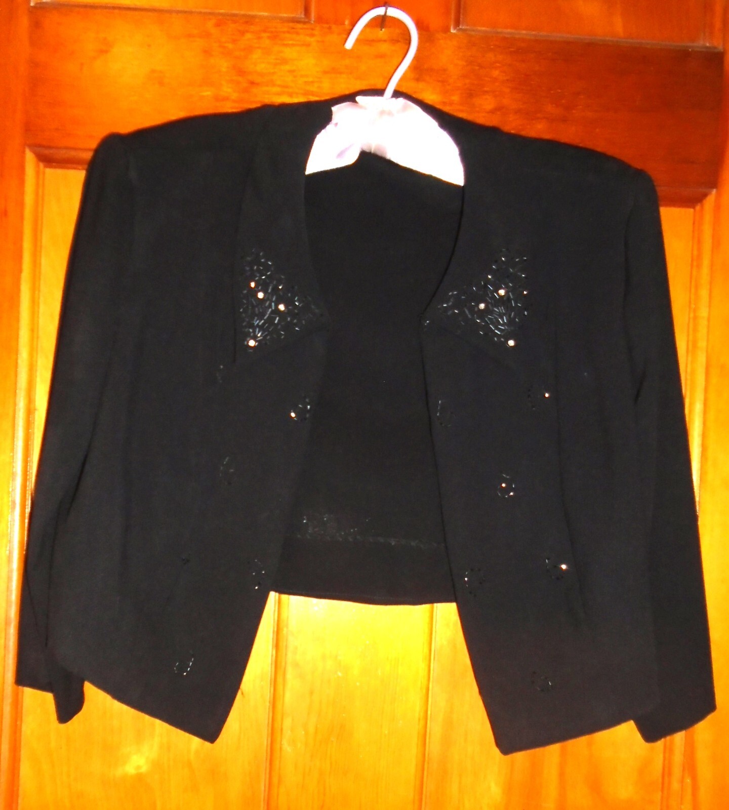 VINTAGE 1940s 50s BLACK BEADED & RHINESTONE CROPPED JACKET 3/4 LENGTH SLEEVE P/S