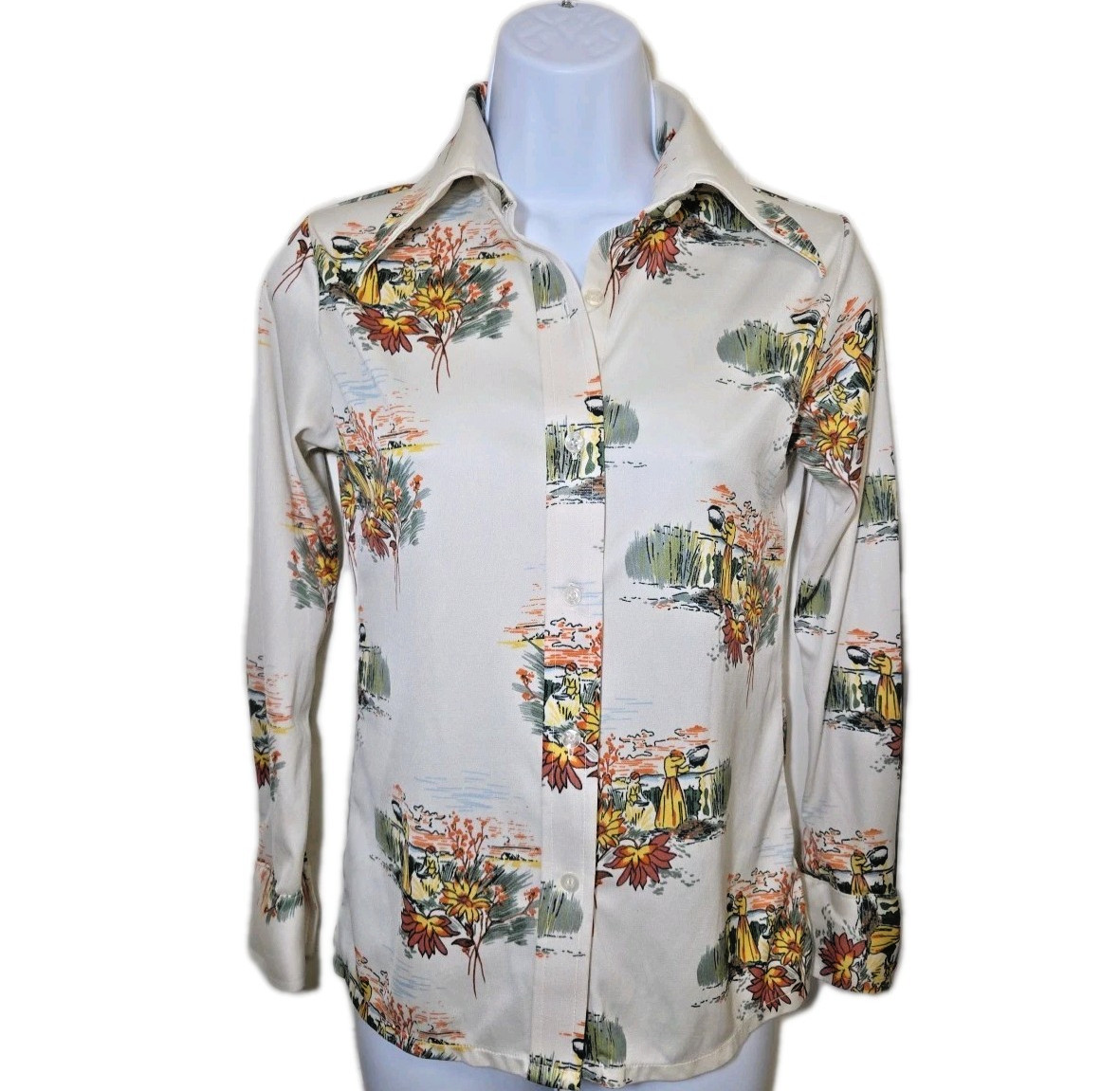 Vtg 1970s Scenic Print Floral Double Knit Leisure Dagger Collar Shirt Top Size S