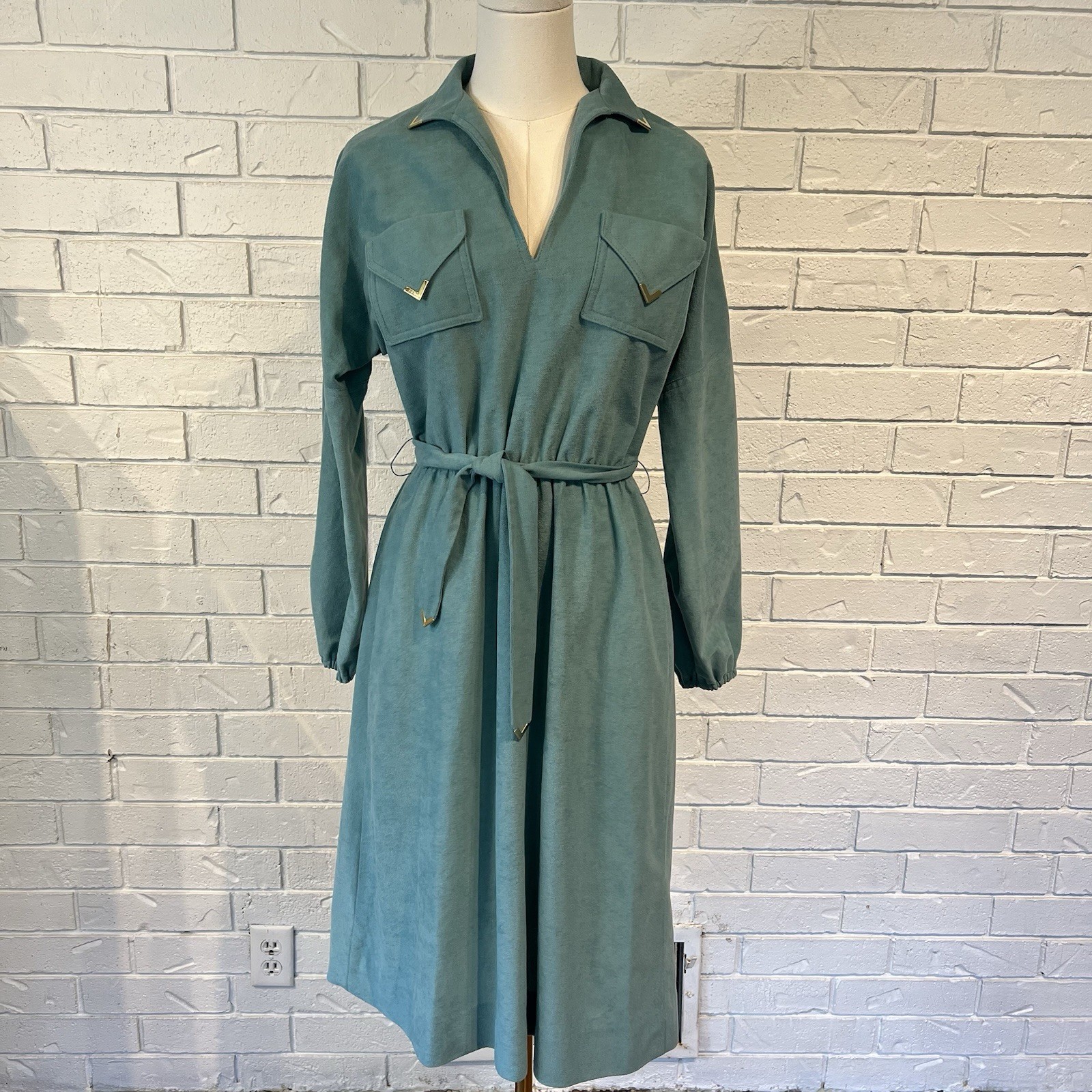 Vintage 60s Alfred Werber Green Belted Shirt Dress S/M
