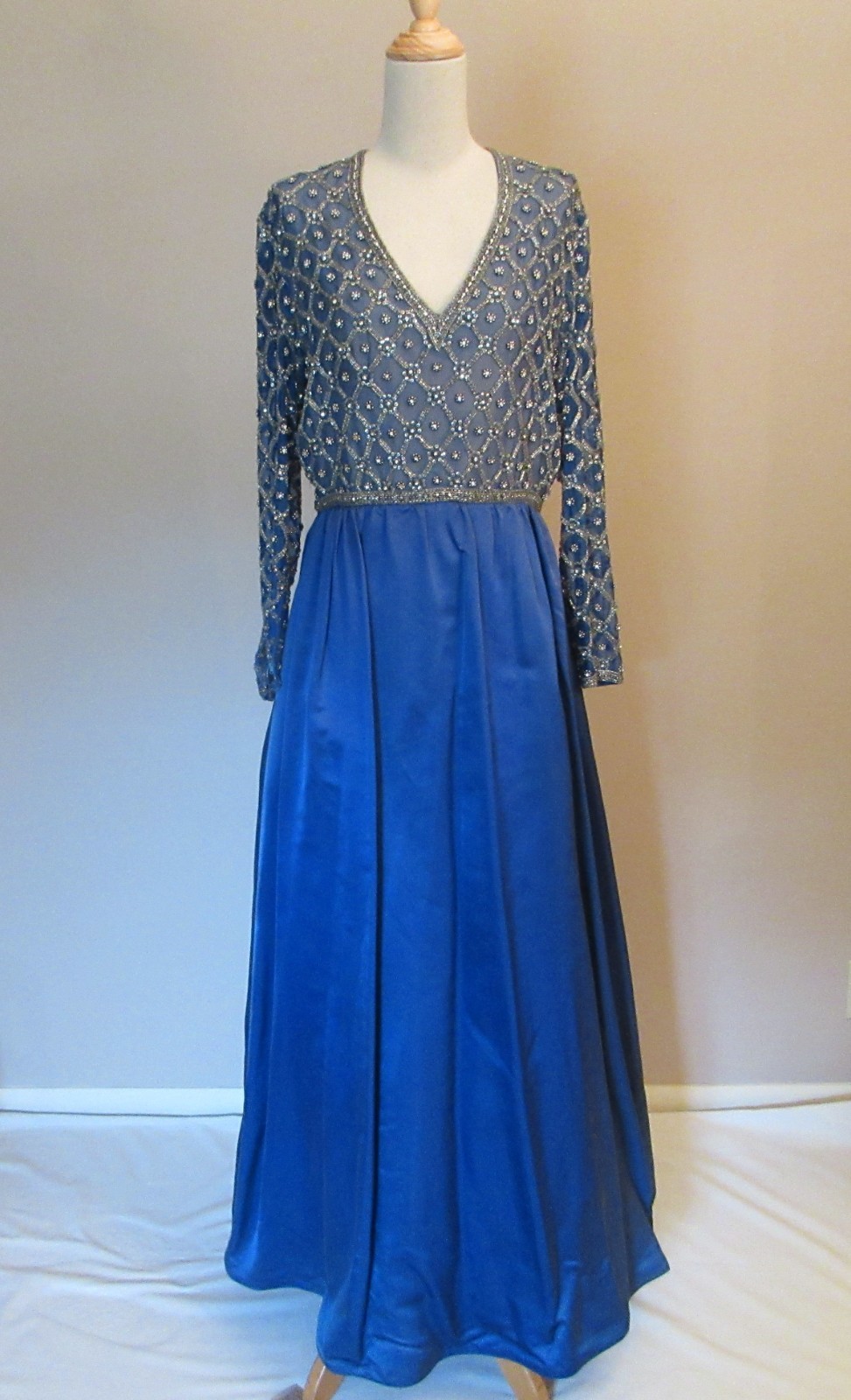 Vintage 1960s Victoria Royal Ltd. Blue Satin Beaded Gown Dress sz 12