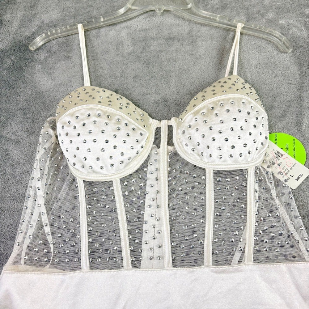 Windsor L White Rhinestone Mesh Corset Satin Tiered Ruffle Mini Dress Party NWT