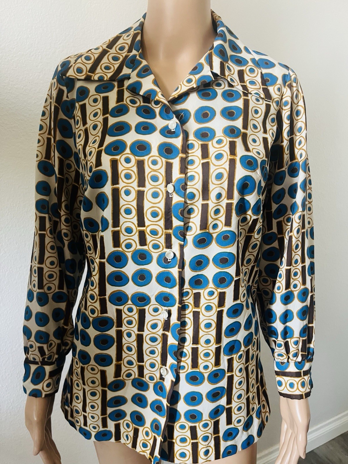 VTG 70s Disco Bold Geometric Circles Big Collar Blouse Graff Californiawear Top