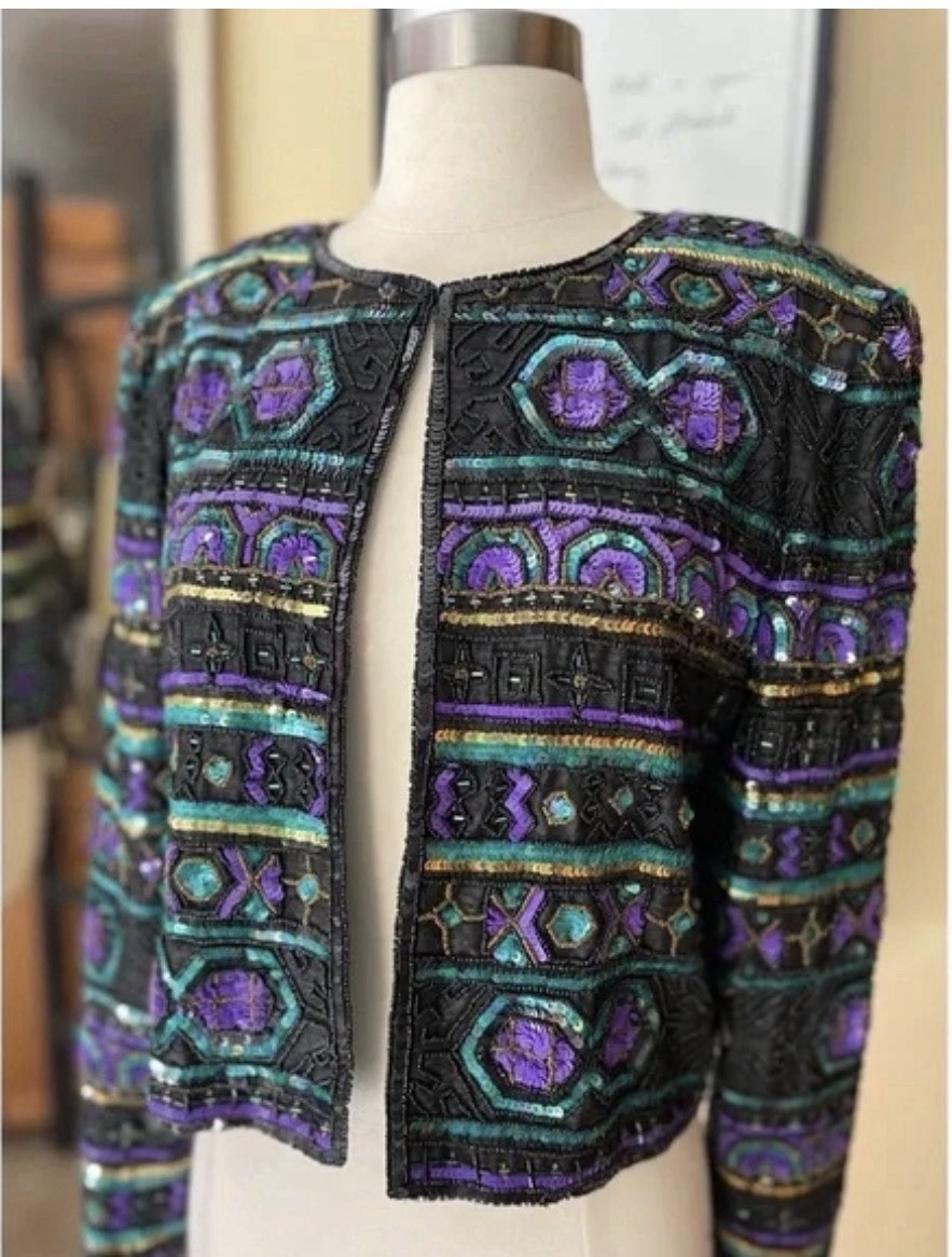 VINTAGE JOAN LESLIE Sequin Beaded Jacket sz L EXCELLENT Condition!