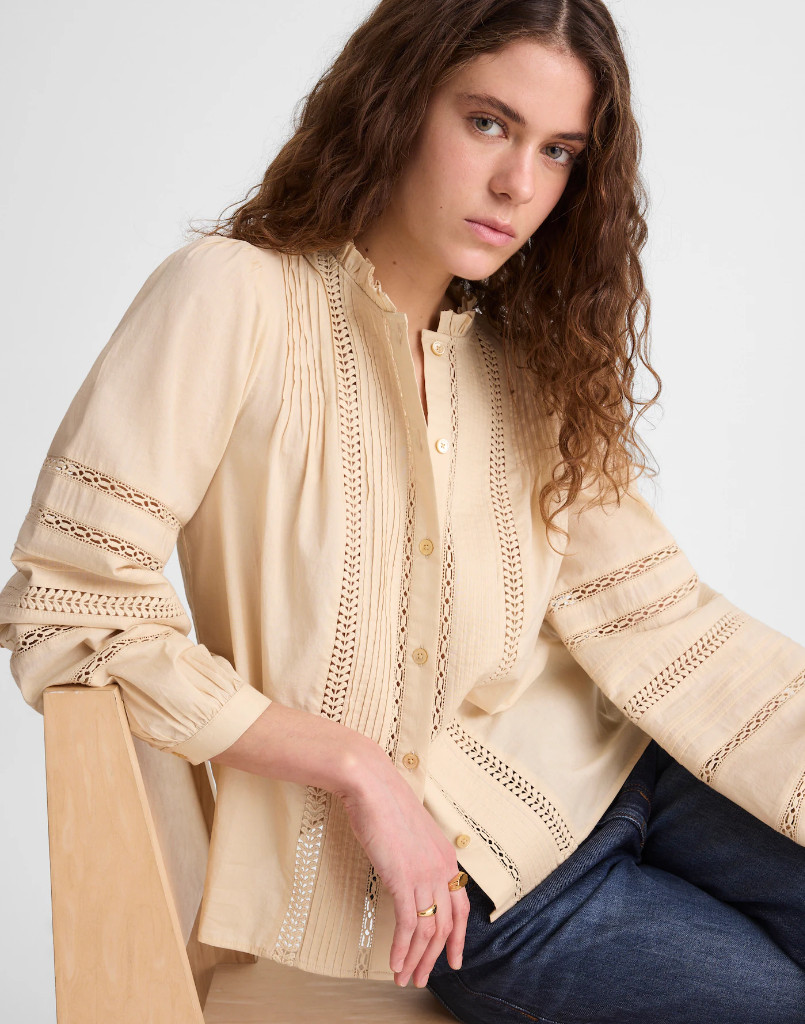 NWT Madewell Lace-Insert High-Neck Pintuck Top