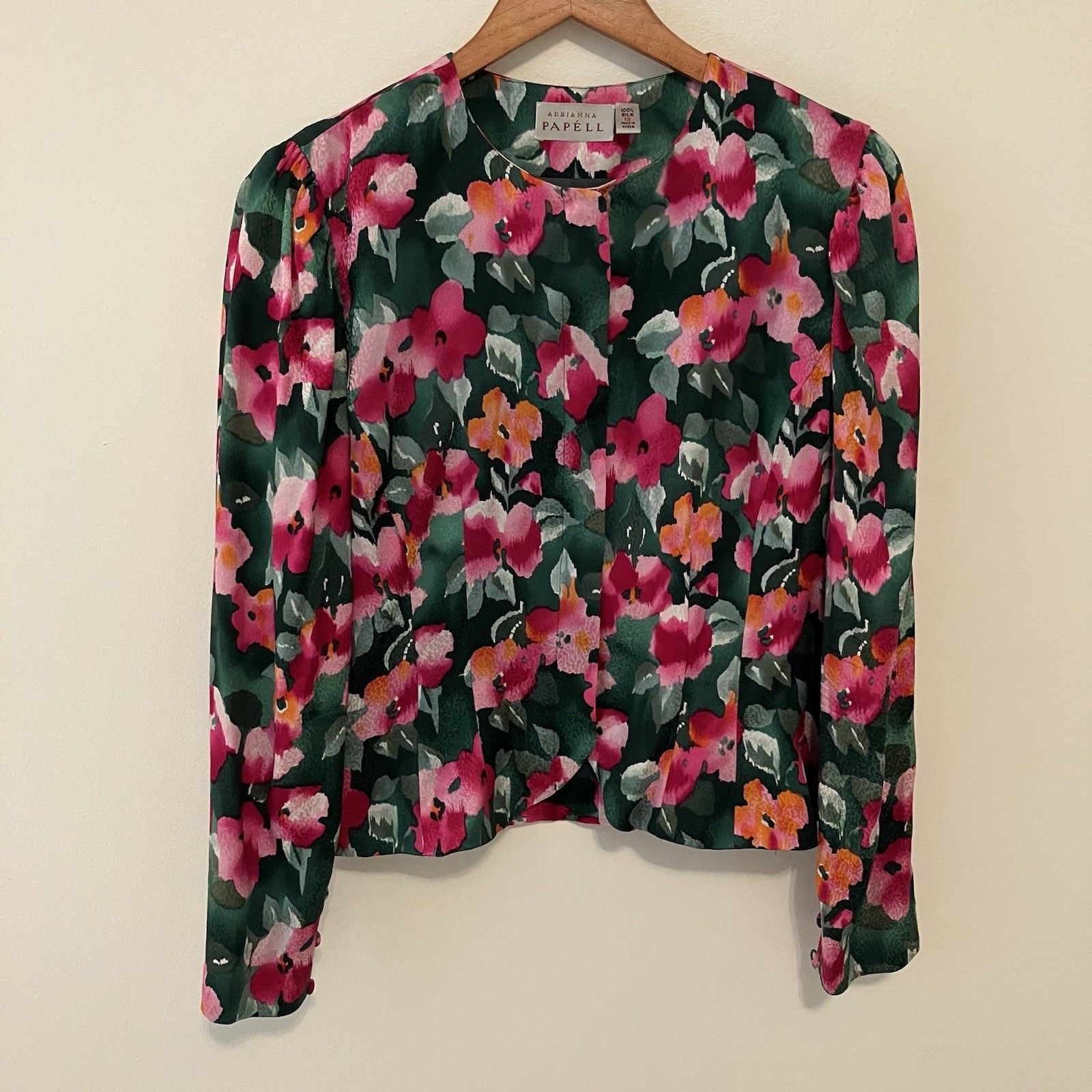 Adrianna Papell Size 12 VTG Two Piece Skirt Top Suit Set 100% Silk Green Floral