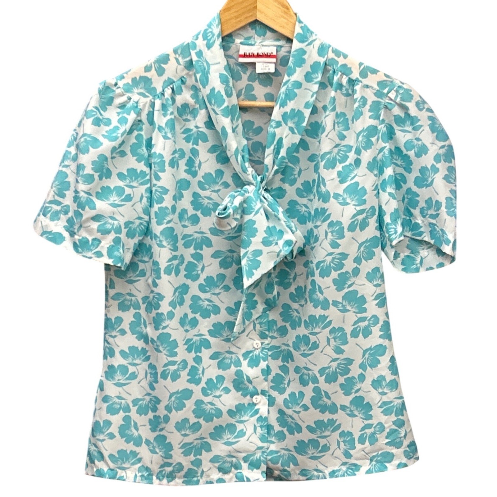 80s Judy Bond Blouse Vintage Floral Bow Secretary Retro Teal White 8