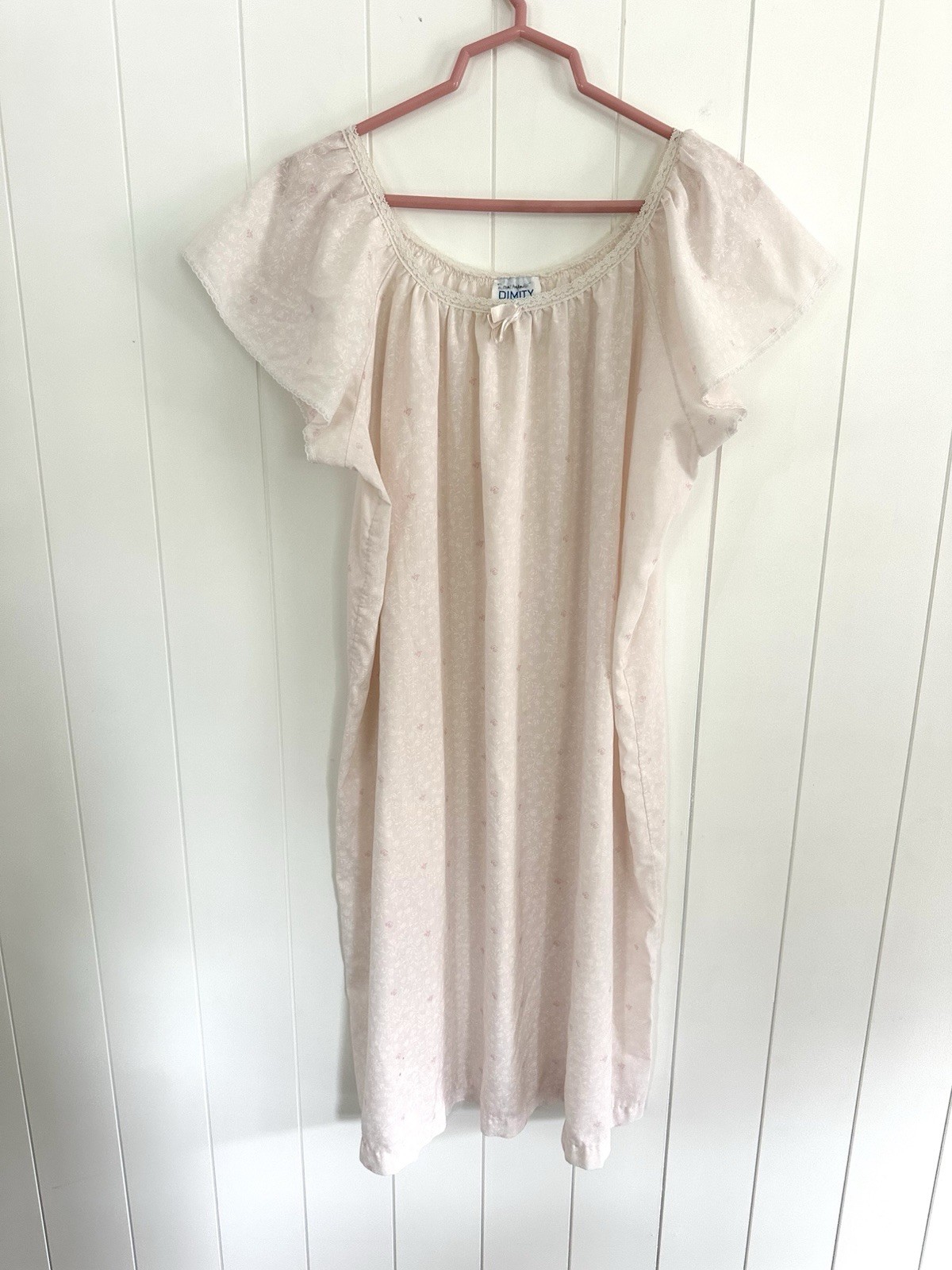 Vintage 1980’s Dimity Light Pink Floral Nightgown with Lace Trim – minor stains