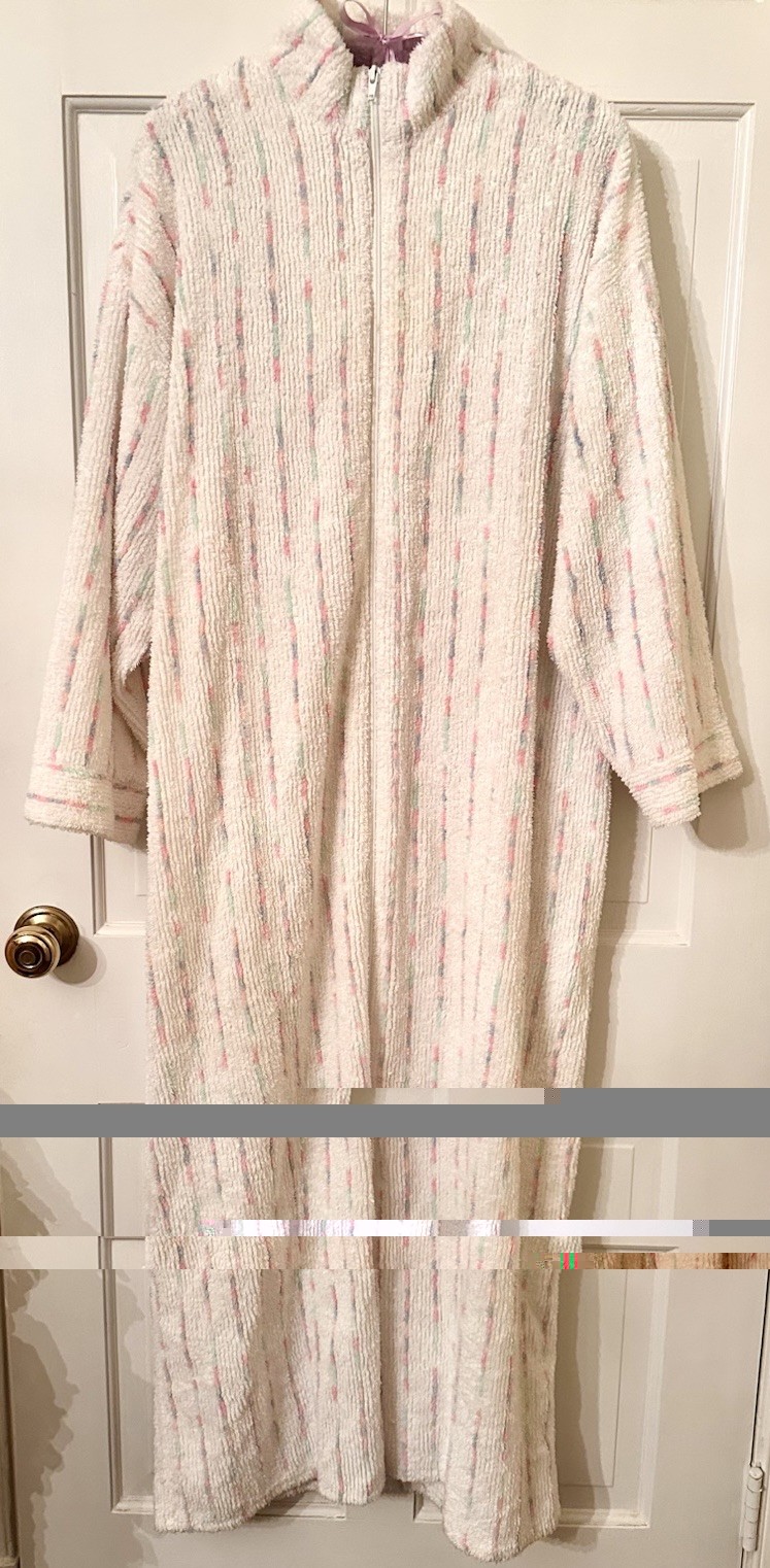 Vtg Stan Herman Chenille Zip Robe White Multicolor Striped Housecoat Pockets M L