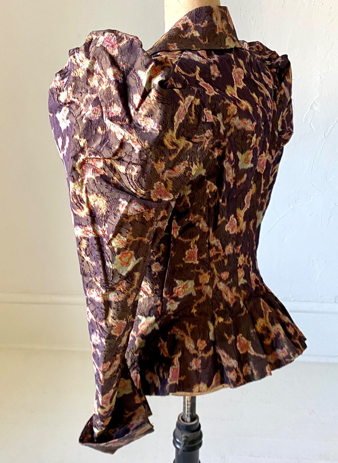 1890s Silk Jacquard Bodice Watercolor Print Puff Sleeves Antique Victorian XS