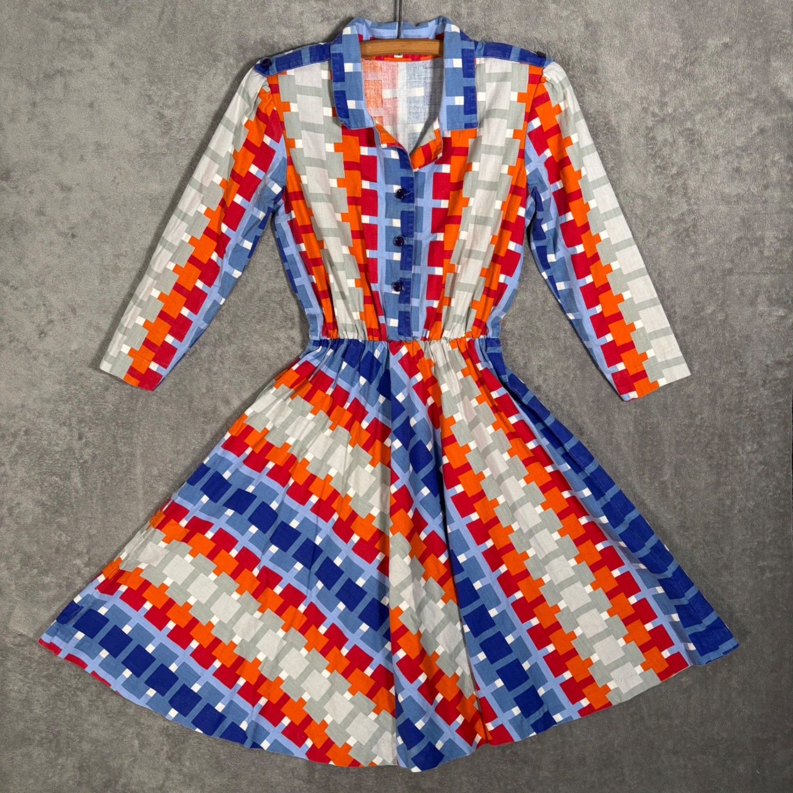 Vintage Geometric Pixel Print Fit & Flare Shirt Dress Multicolor 70s Style MCM